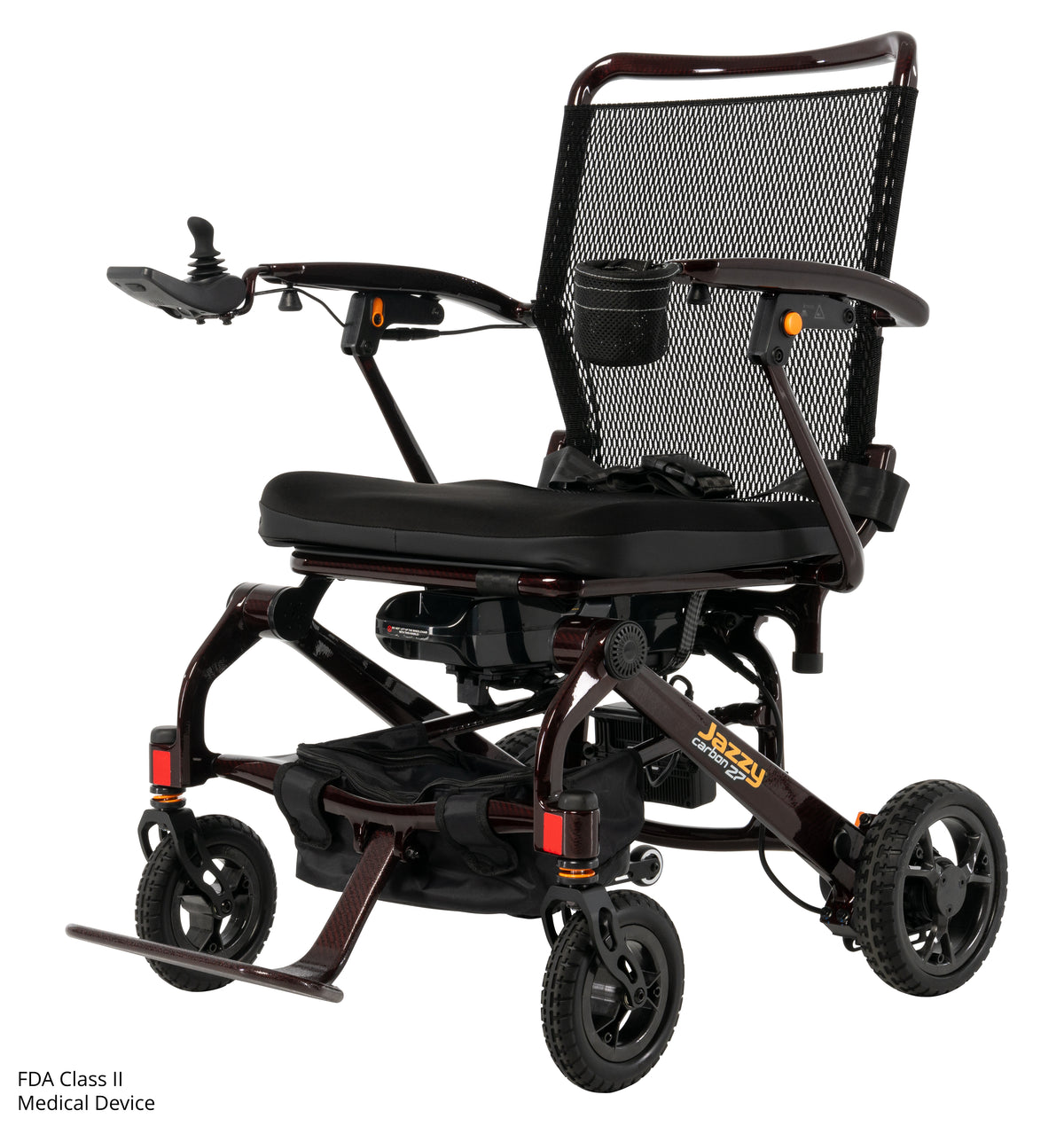 Lightweight Jazzy Carbon 27 folding power chair in Black Cherry.