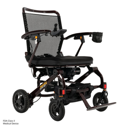 Rear three-quarter view of the Jazzy Carbon 27 folding power chair.