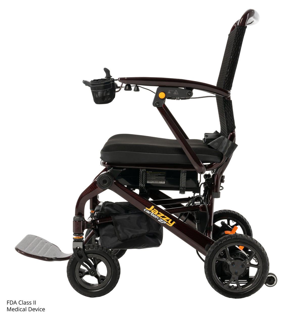 Side view of the Jazzy Carbon 27 portable power wheelchair.