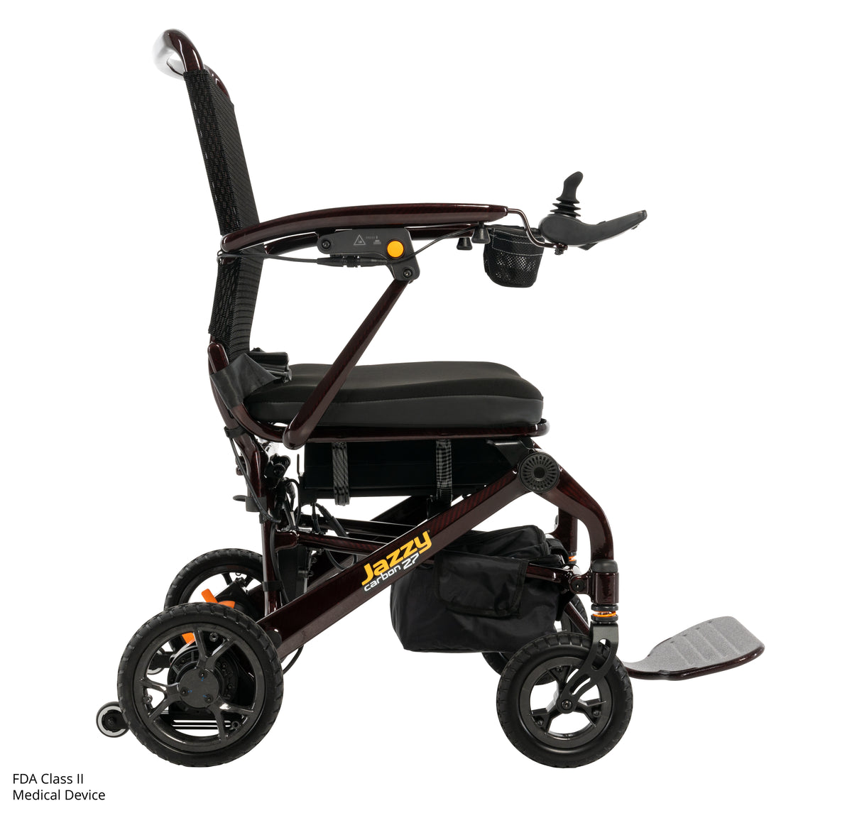 Slim side profile of the Jazzy Carbon 27 power chair.