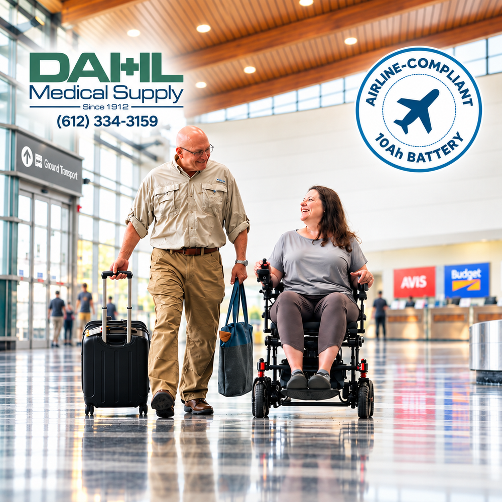 Women using Pride Jazzy Carbon inside airport with a man walking with luggage next to her.