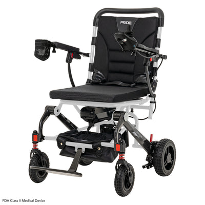 Angled front view of the Pride Jazzy Carbon lightweight power wheelchair.