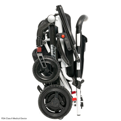 Folded Pride Jazzy Carbon power wheelchair for easy storage and transport.