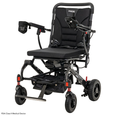 Angled front view of the Pride Jazzy Carbon lightweight folding power wheelchair.