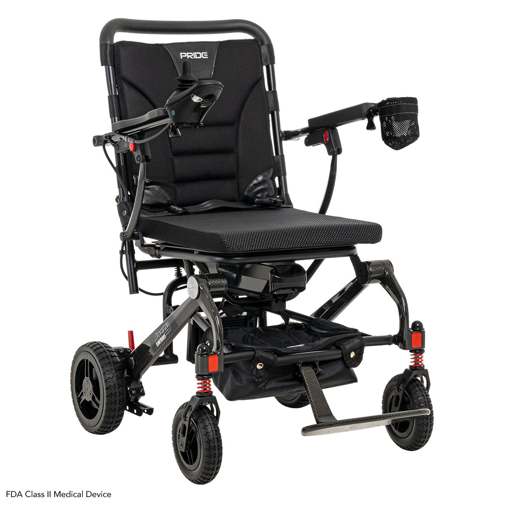 Front angled view of the Pride Jazzy Carbon portable folding power wheelchair.