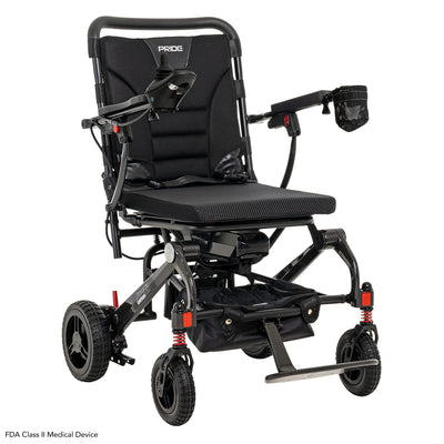 Front angled view of the Pride Jazzy Carbon portable folding power wheelchair.