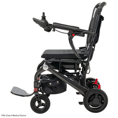 Left side profile of the Pride Jazzy Carbon lightweight folding power wheelchair.