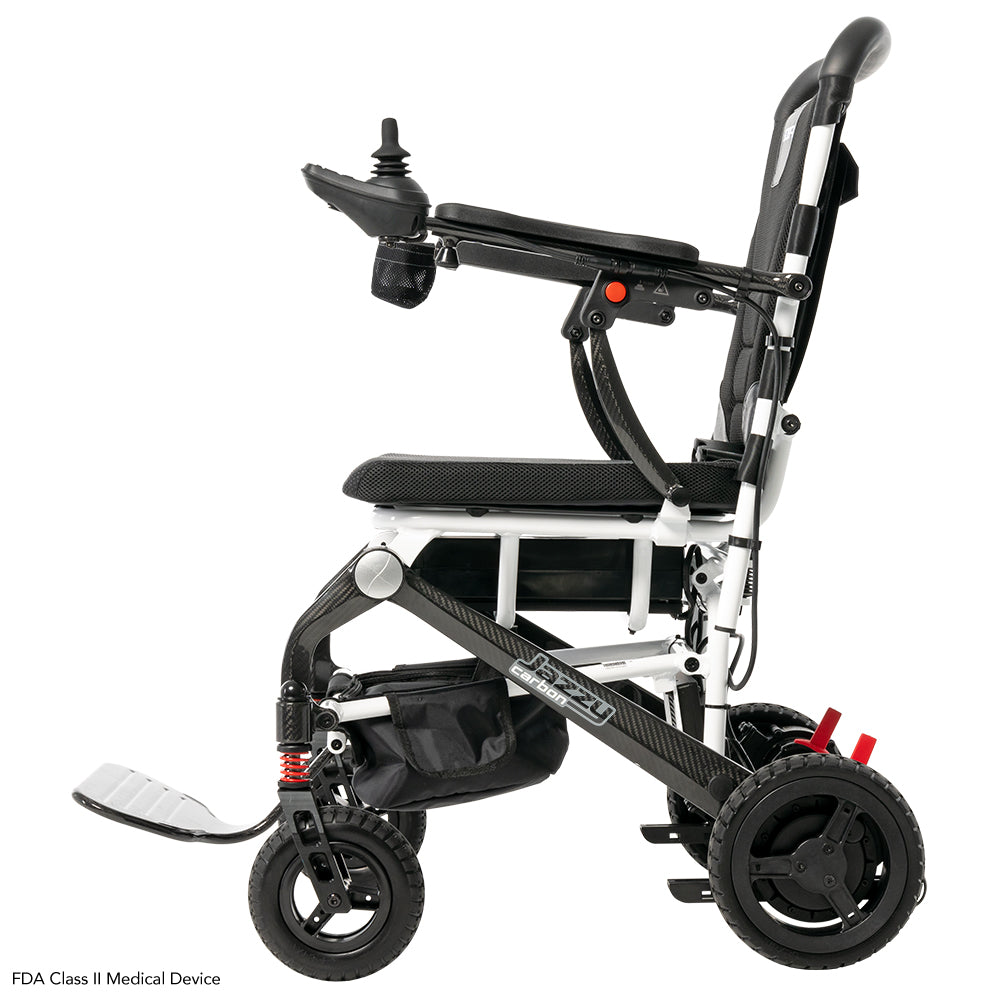 Left side profile of the Pride Jazzy Carbon folding power wheelchair.