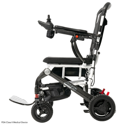 Left side profile of the Pride Jazzy Carbon folding power wheelchair.