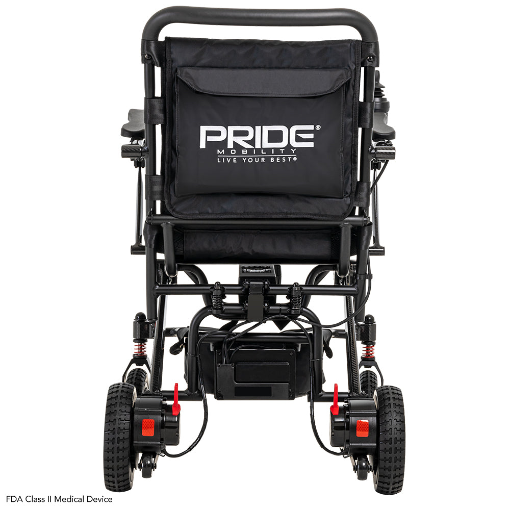 Rear view of the Pride Jazzy Carbon power wheelchair featuring storage pocket and compact design.