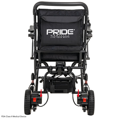 Rear view of the Pride Jazzy Carbon power wheelchair featuring storage pocket and compact design.