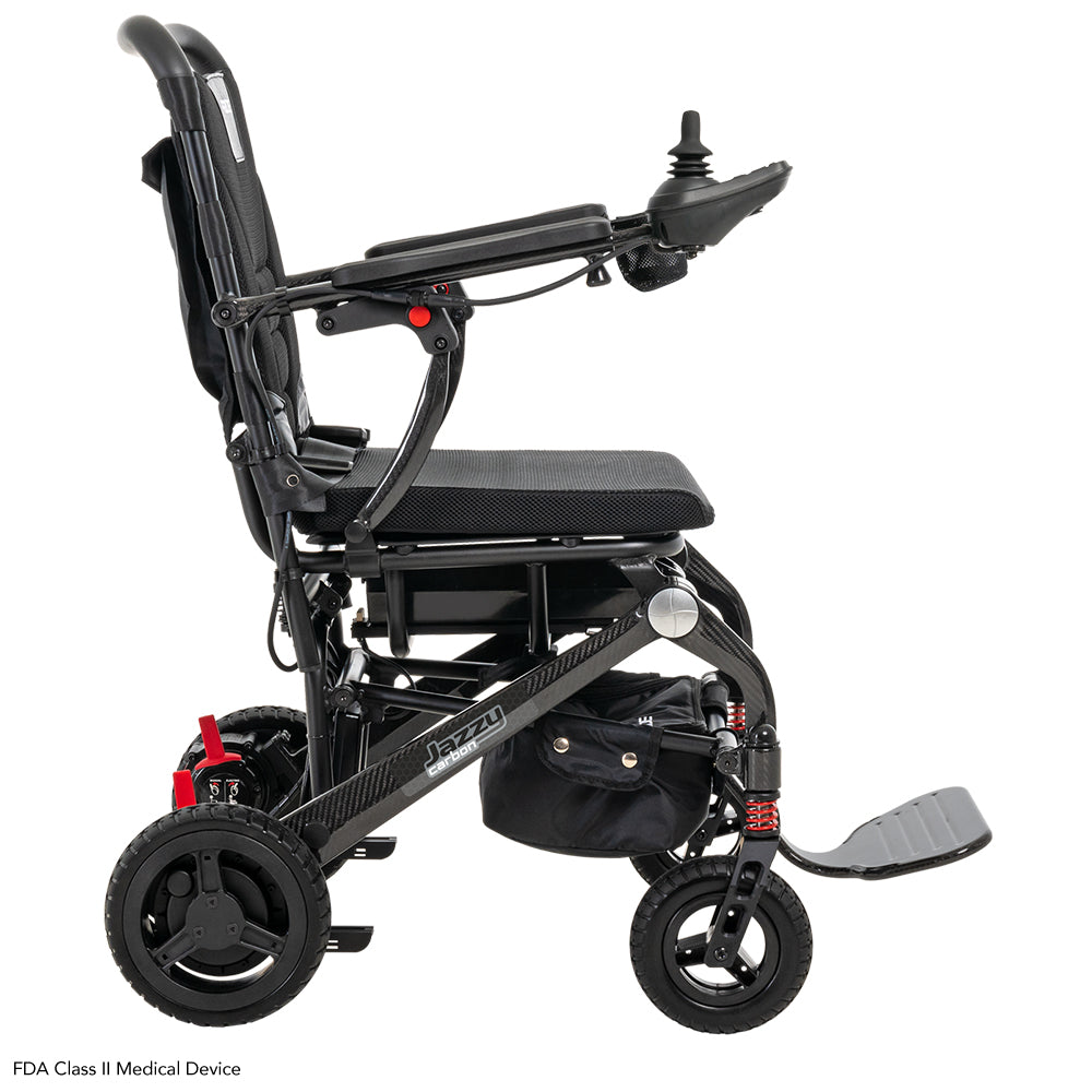 Right side profile of the Pride Jazzy Carbon power wheelchair with carbon fiber frame.