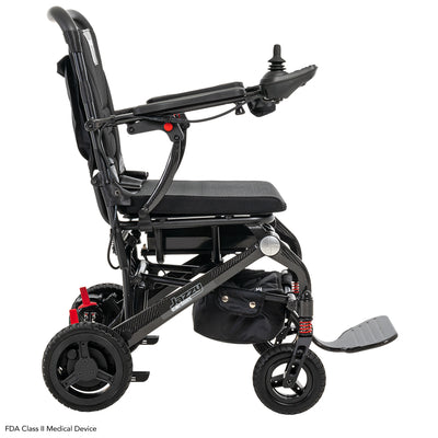 Right side profile of the Pride Jazzy Carbon power wheelchair with carbon fiber frame.