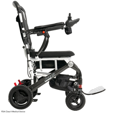 Right side profile of the Pride Jazzy Carbon lightweight power wheelchair.