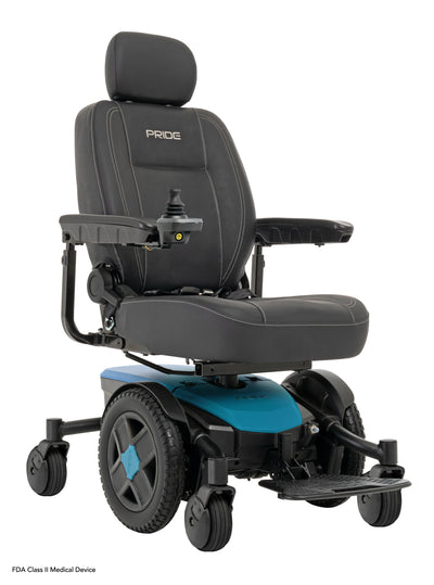 Opposite front angle of the Iceberg Blue Jazzy EVO 613Li, showing its blue base, black padded seat, joystick, drive wheels, and footplate.