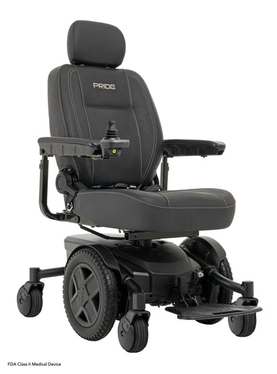 Black Pride Jazzy EVO 613Li powerchair shown at a front angle with a padded seat, headrest, joystick, and footplate.