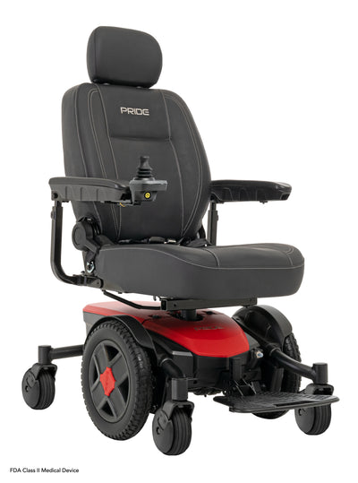 Opposite front angle of the red Jazzy EVO 613Li powerchair, showing its red base, black padded seat, joystick, and large drive wheels.