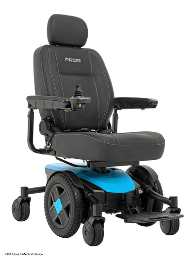 Opposite front angle of the Robin’s Egg Blue Jazzy EVO 613Li, showing its blue base, black seat, joystick, large drive wheels, and footplate.