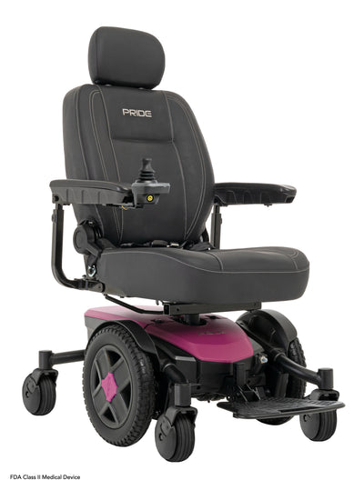 Sugar Plum Jazzy EVO 613Li shown at a front angle with black high-back seating, a joystick, large drive wheels, and footplate.