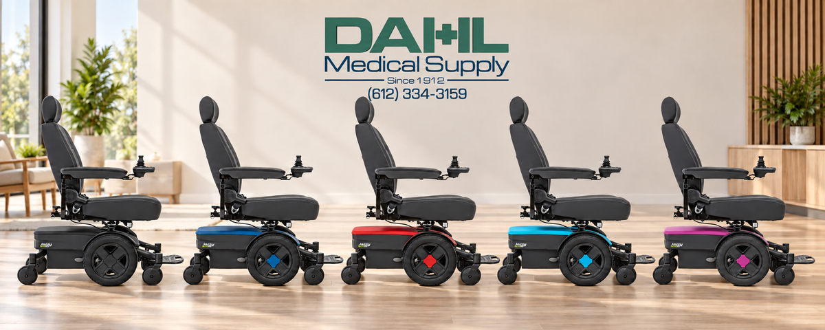 Five Jazzy EVO powerchairs in Black, Iceberg Blue, Red, Robin’s Egg Blue, and Sugar Plum arranged side by side in a sunlit showroom, with the Dahl Medical Supply logo centered above.