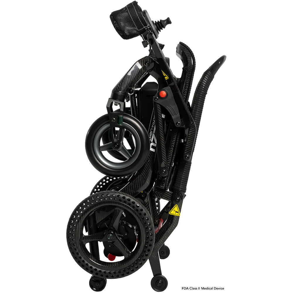 Lightweight folding power chair compactly folded for transport and storage.