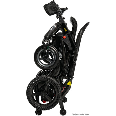 Lightweight folding power chair compactly folded for transport and storage.