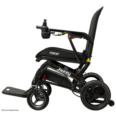 Side profile of the Jazzy Ultra Light carbon fiber power wheelchair.