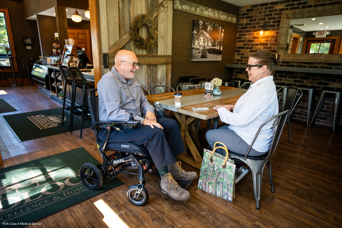 Lightweight power chair helping users stay active and connected with friends.