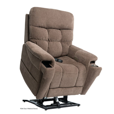 Pride PLR-4955 lift chair in Brown raised forward to help users transition more comfortably and confidently from sitting to standing.
