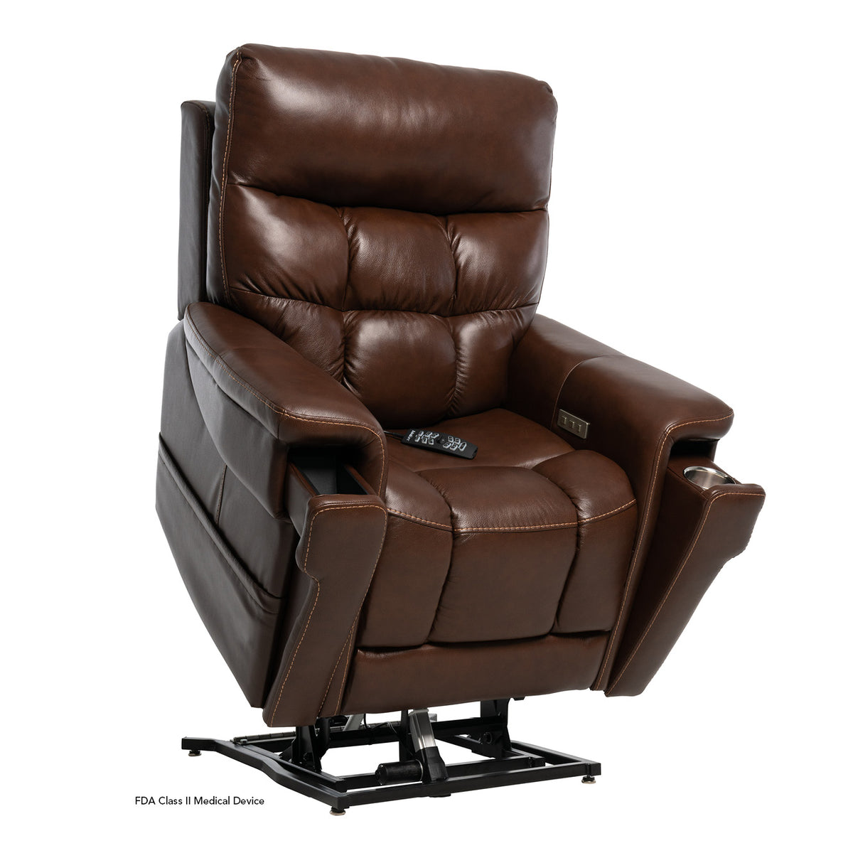 Pride PLR-4955 lift chair in Coffee raised forward to help users transition more comfortably and confidently from sitting to standing.