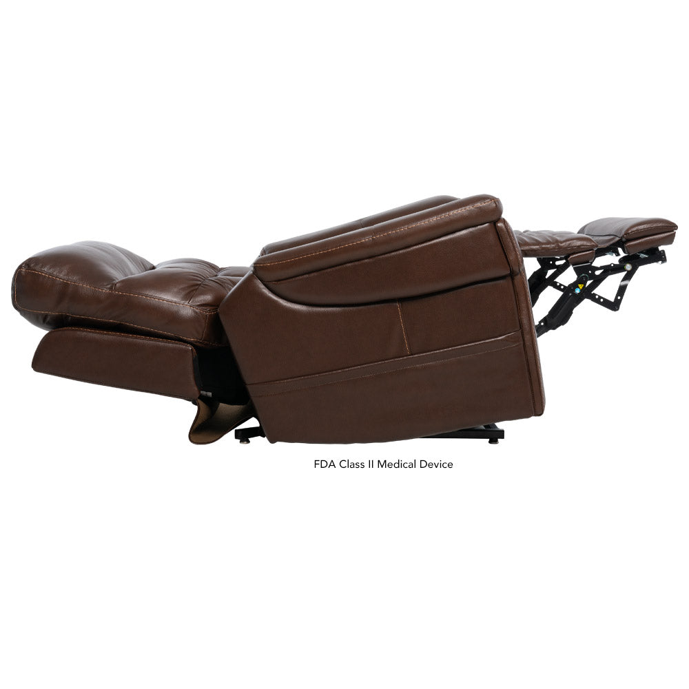 Side view of the Pride PLR-4955 power lift recliner in Coffee fully extended into a comfortable lay-flat position.