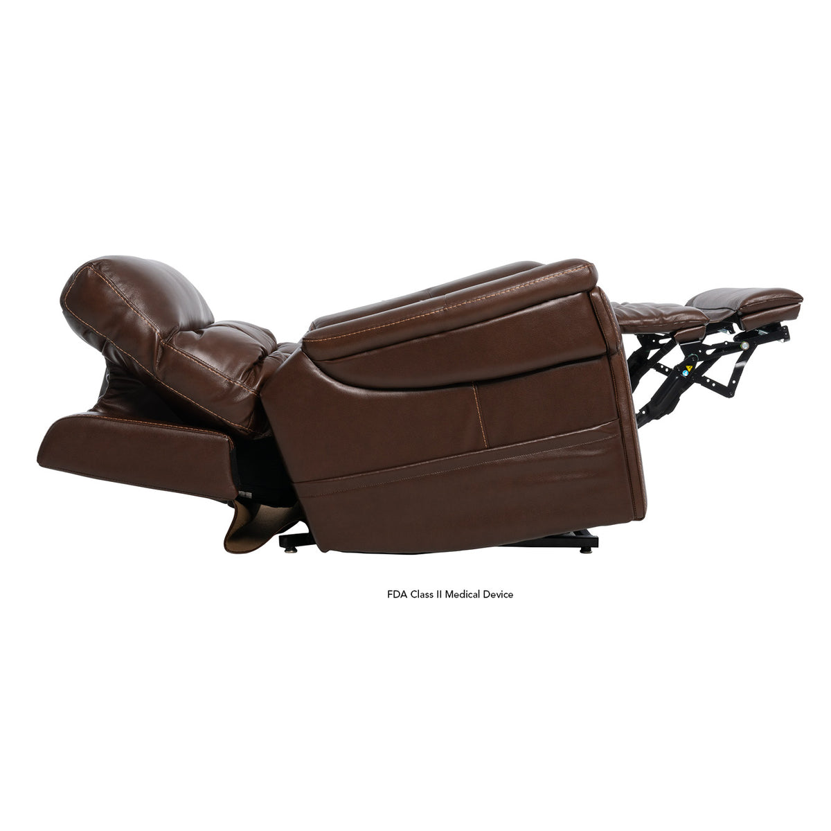 Side view of the Pride PLR-4955 lift chair in Coffee positioned to elevate the legs and support comfortable zero-gravity relaxation.