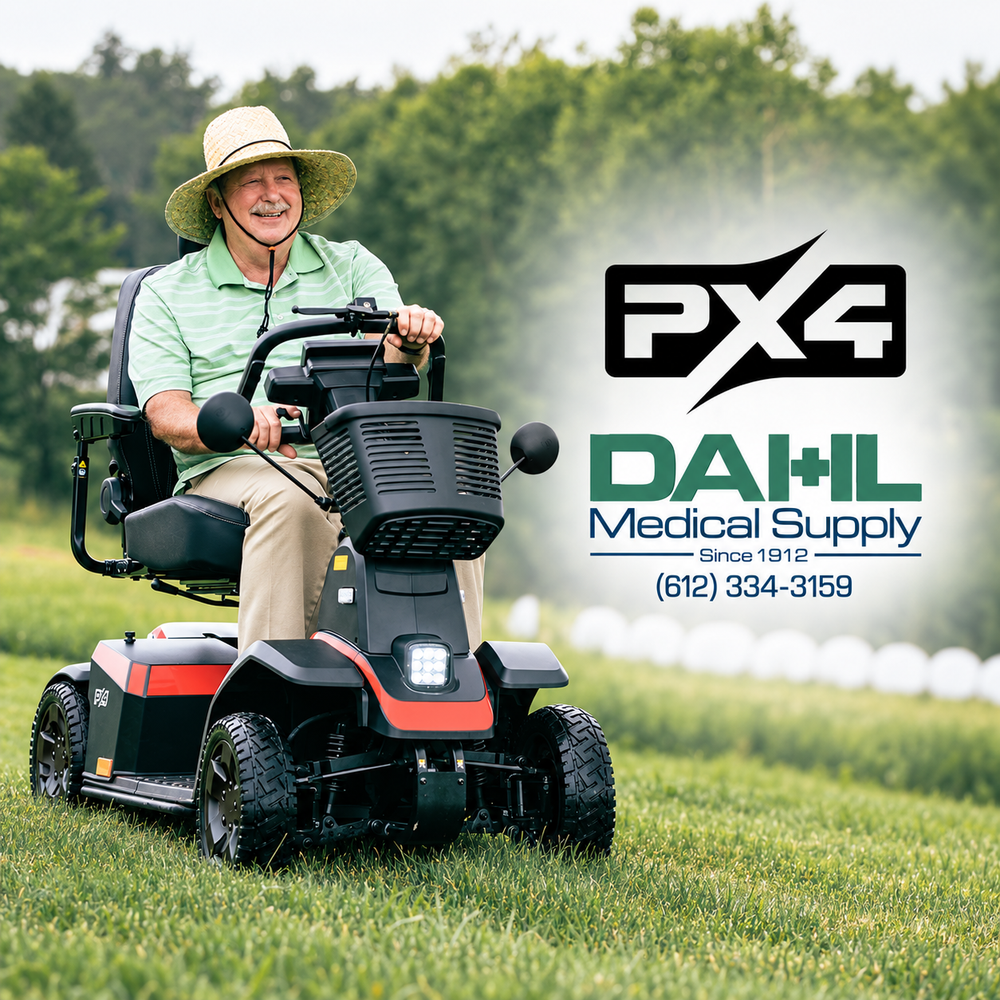 Smiling man driving a red-accented Pride PX4 mobility scooter across a grassy outdoor area, with the PX4 and Dahl Medical Supply logos centered on the right.