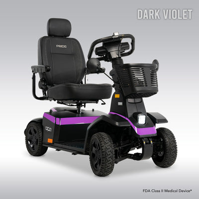 Front three-quarter view of the Pride PX4 with dark violet accents, black padded seat, front basket, mirrors, and four rugged tires against a gray background.