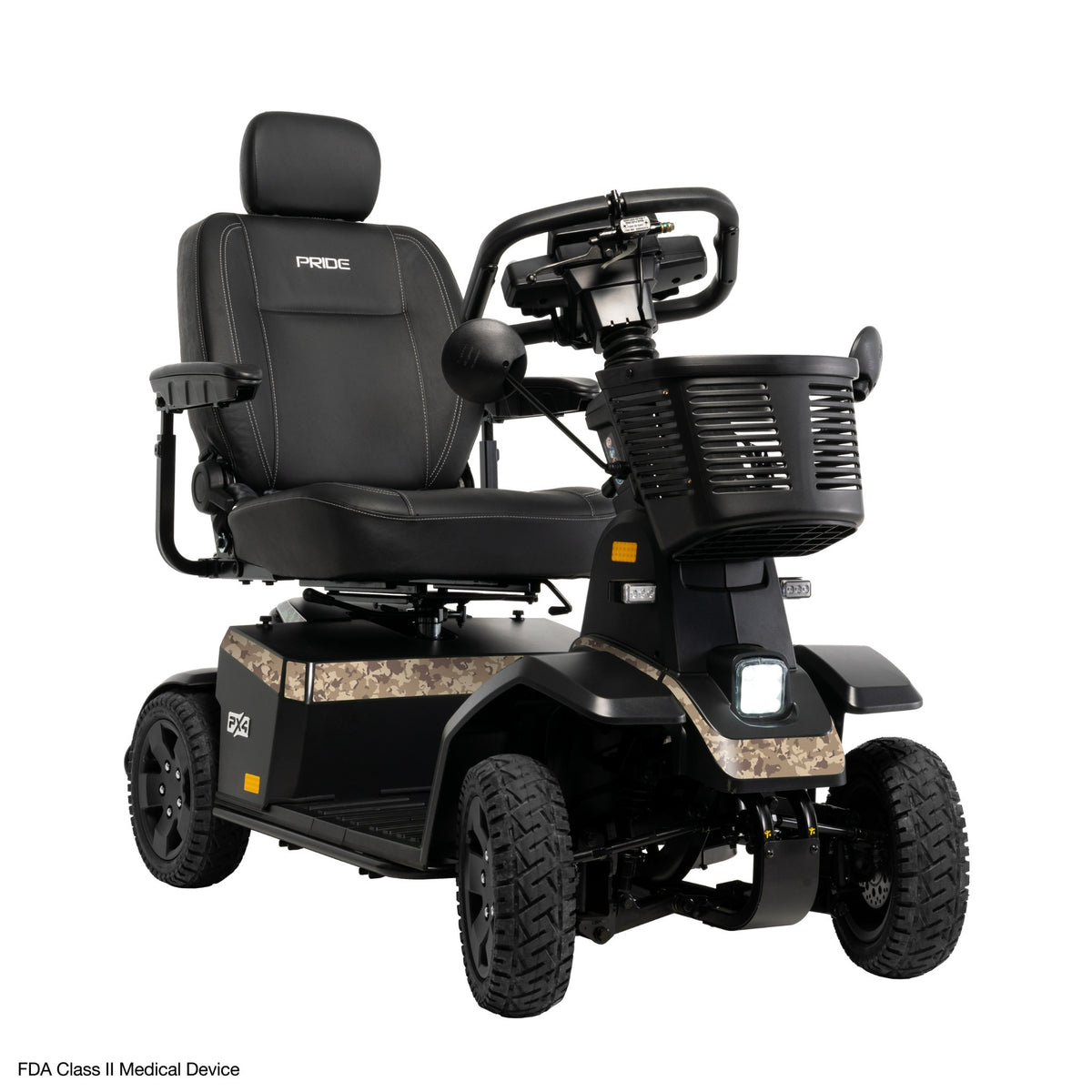 Front three-quarter view of the Pride PX4 with tan and brown desert camouflage accents, black padded seat with headrest, front basket, mirrors, and rugged tires on a white background.