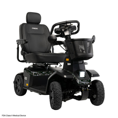 Pride PX4 with green, black, and gray jungle camouflage accents, a black seat with headrest, front basket, and mirrors on a white background.