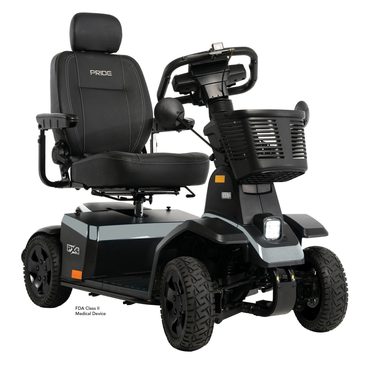 Pride PX4 with silver-gray satin aluminum accents, a black padded seat, front basket, mirrors, and four rugged tires on a white background.
