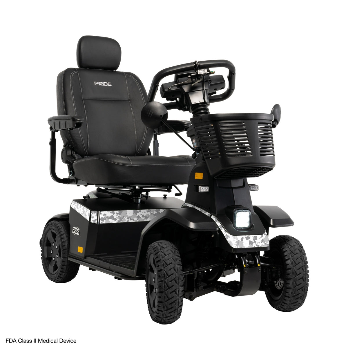 Pride PX4 with white and gray camouflage accents, black seating with headrest, front basket, mirrors, and rugged tires on a white background.