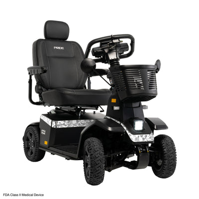 Pride PX4 with white and gray camouflage accents, black seating with headrest, front basket, mirrors, and rugged tires on a white background.