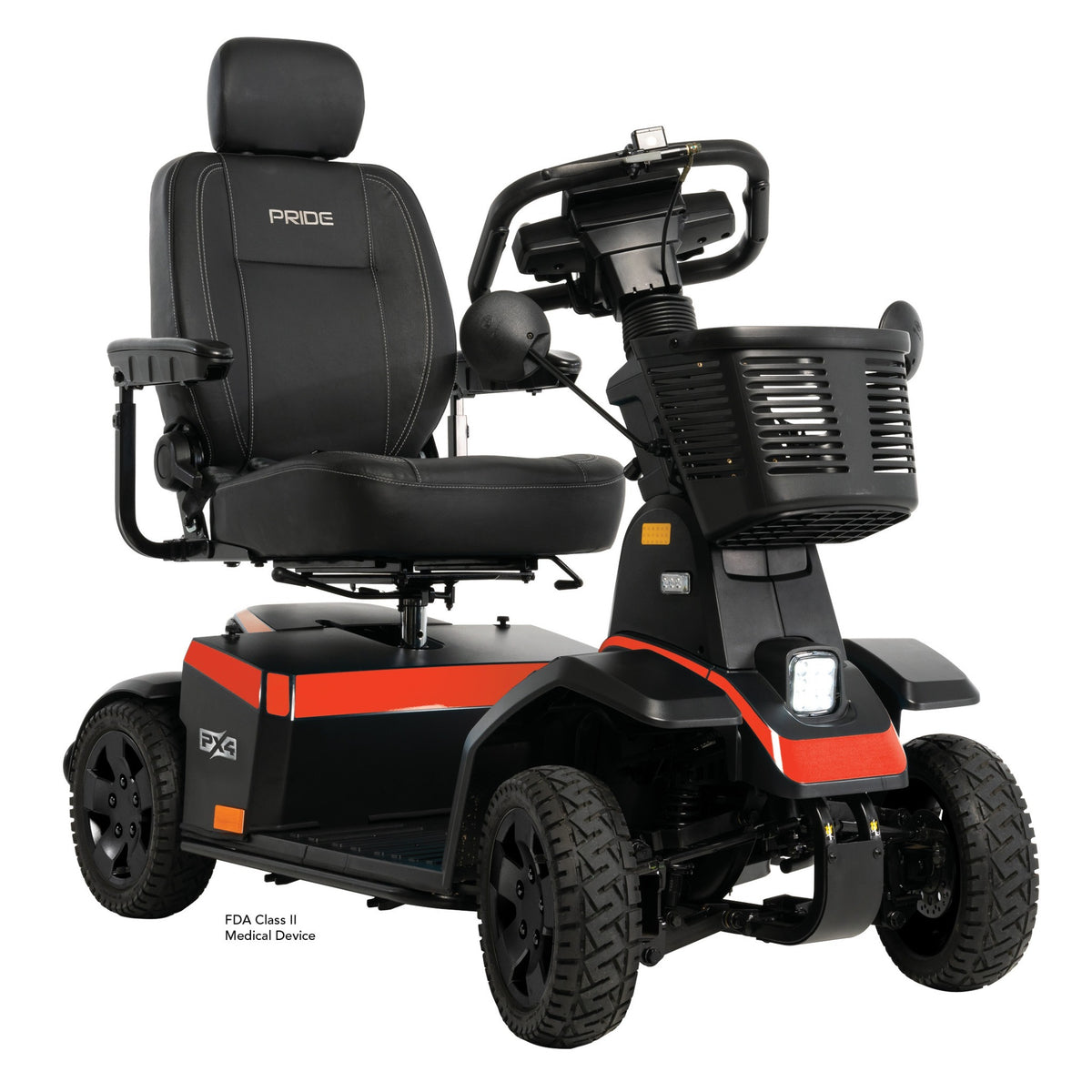 Front three-quarter product view of the Pride PX4 with red accents, black seating, mirrors, front basket, and illuminated headlight on a white background.