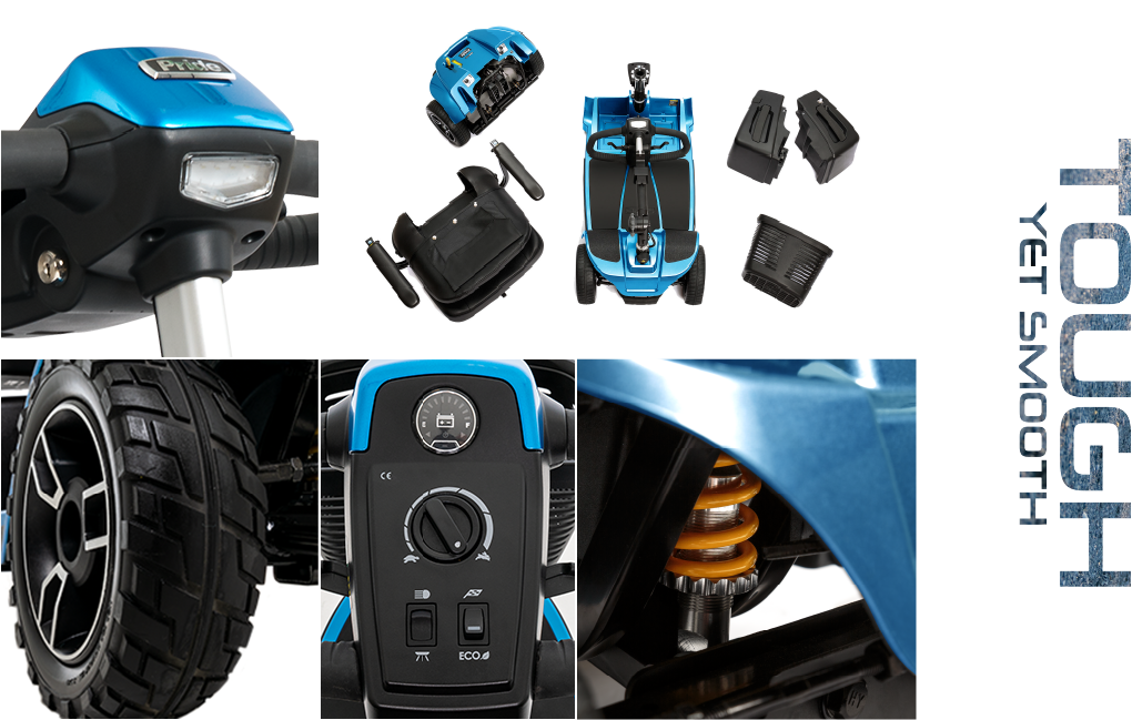 Collage of the blue Pride Revo 2.0 showing its headlight, disassembled components, tire tread, control console, and suspension.