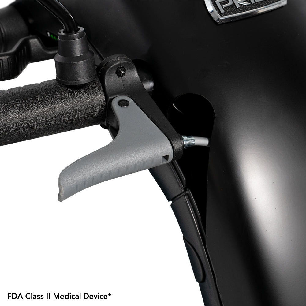 Close-up of the gray handlebar lever beside the black handgrip on the Pride Victory Platinum mobility scooter.