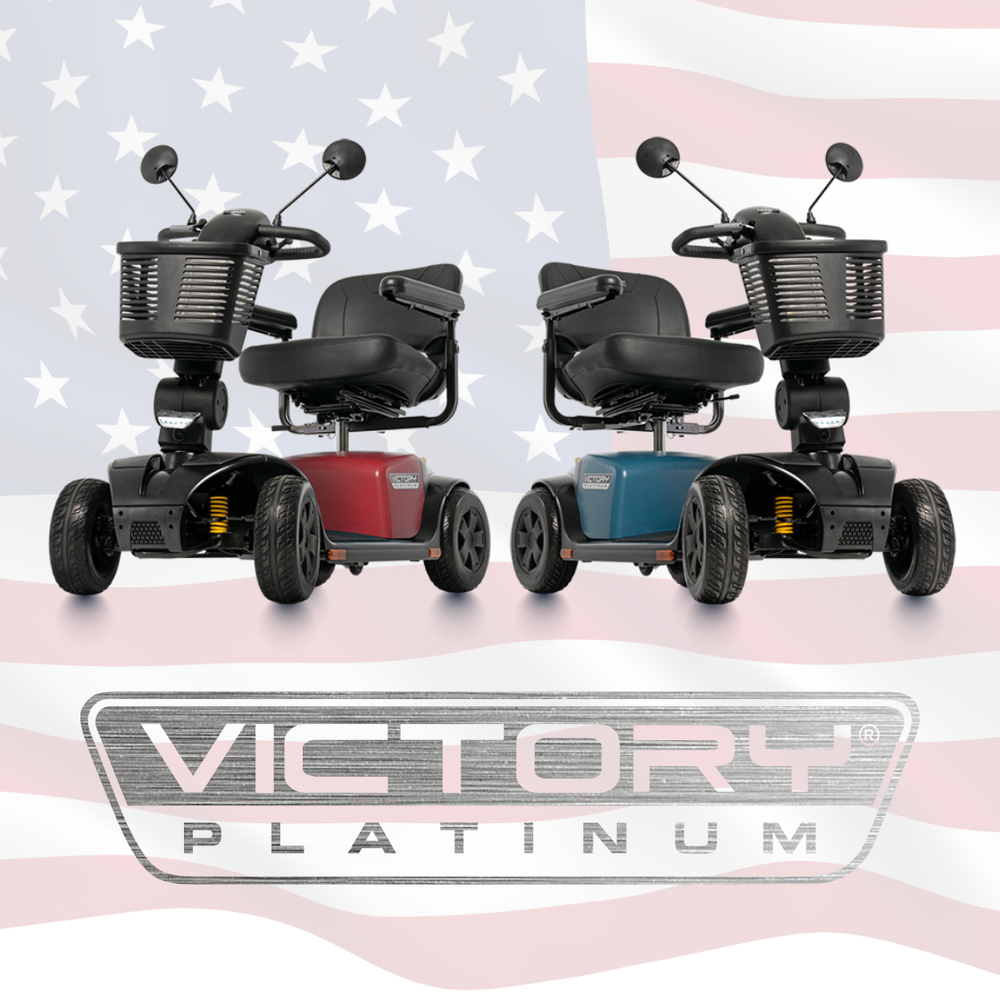 Pride Victory Platinum mobility scooter featured in a USA-themed promotional image.