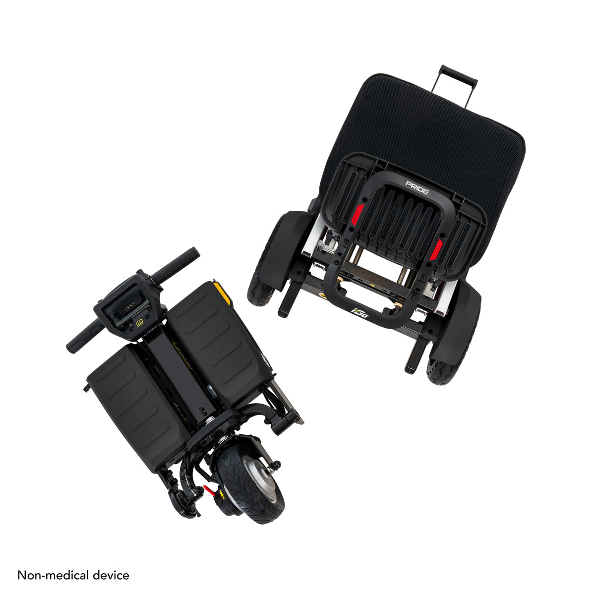 Black and silver Pride i-Go scooter separated into lightweight sections for easy transportation and storage.