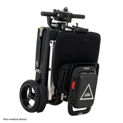 Black and silver Pride i-Go mobility scooter folded into a compact upright position for convenient transport and storage.