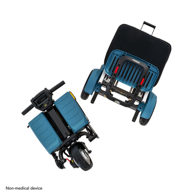 Blue and black Pride i-Go scooter separated into lightweight sections for convenient lifting, transportation, and storage.