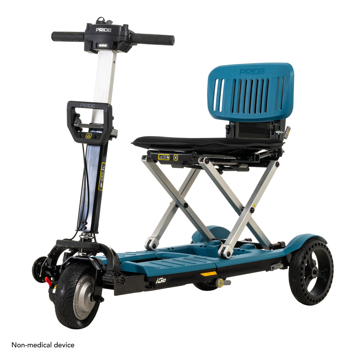 Blue and black Pride i-Go folding mobility scooter shown from the front angle with elevated seat and lightweight travel-ready design.