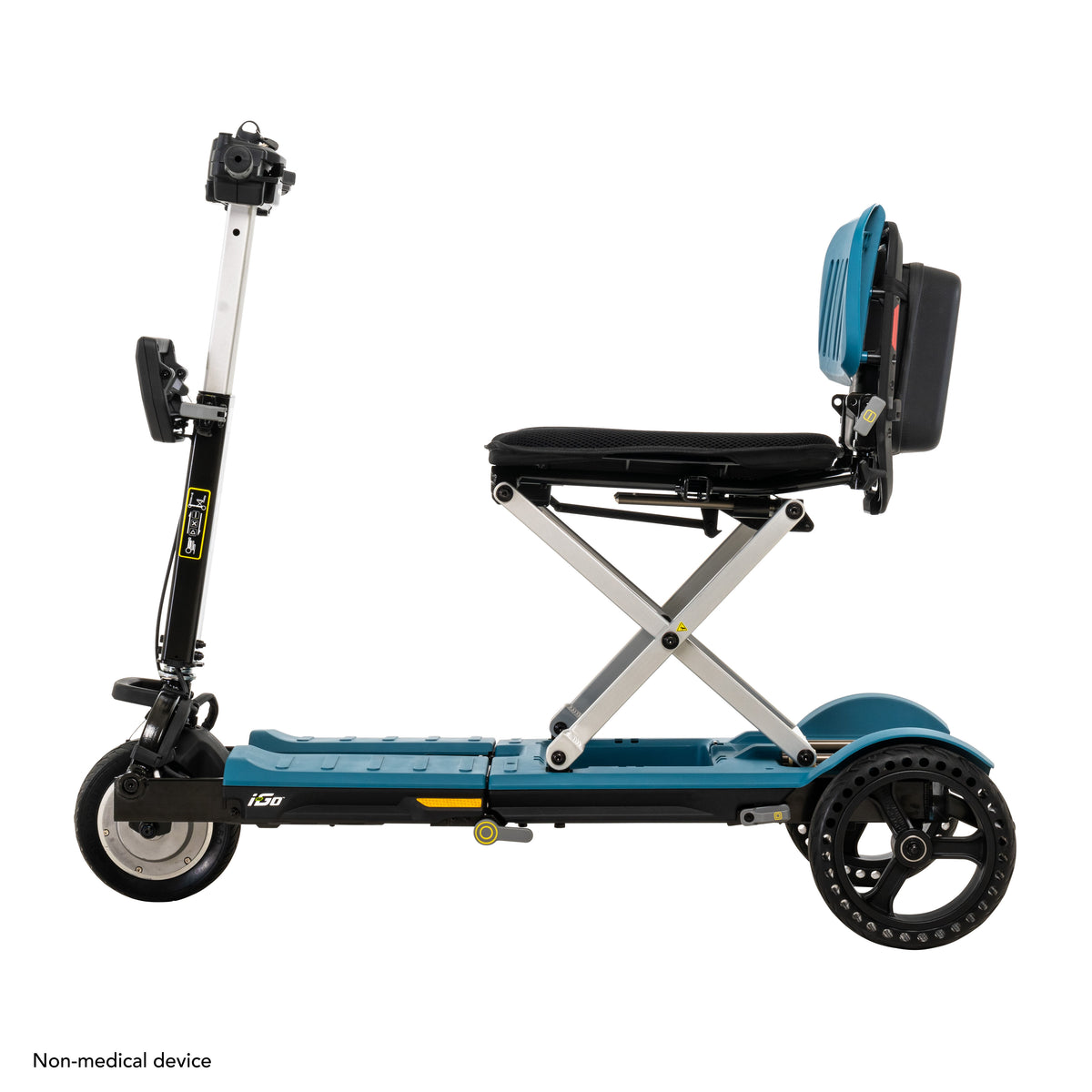 Side profile of the blue and black Pride i-Go scooter highlighting its compact frame, elevated seating, and portable design.