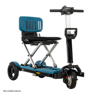 Blue and black Pride i-Go mobility scooter featuring elevated seating, LED lighting, and a compact travel-friendly design.