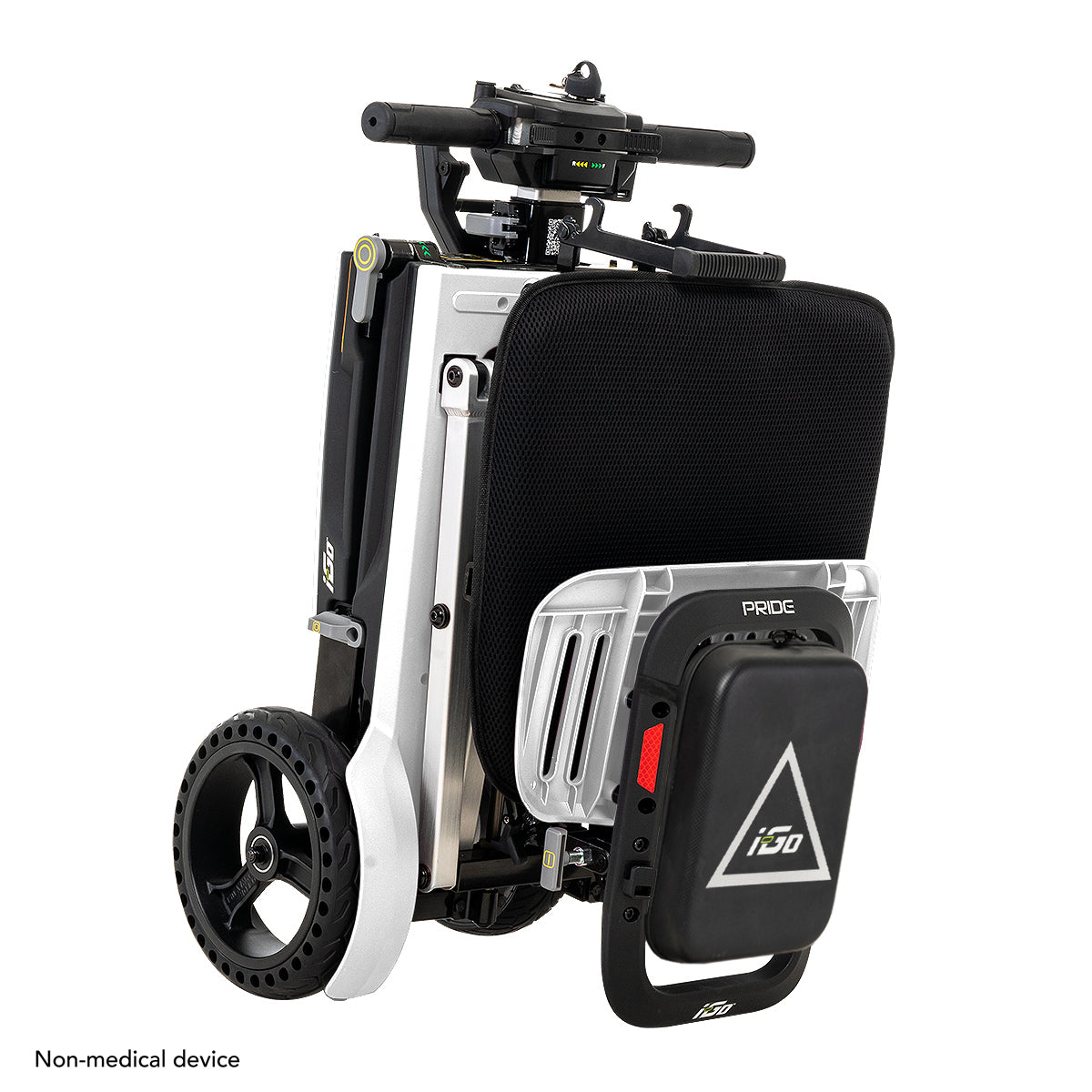 White and black Pride i-Go folding scooter collapsed into a compact upright position for easy travel and storage.